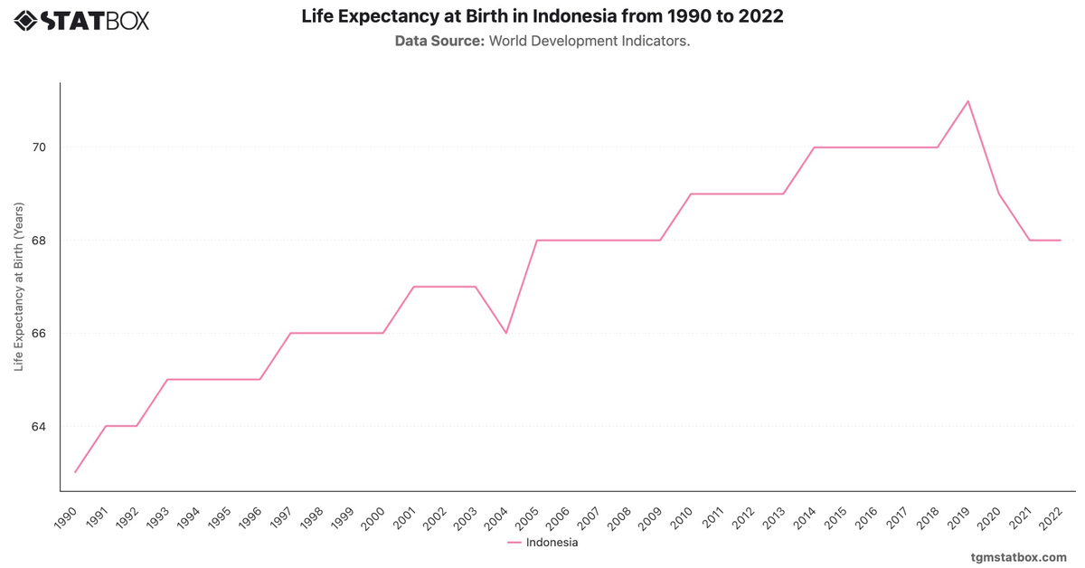 Life Expectancy at Birth in Indonesia from 1990 to 2022|Chart|TGM StatBox